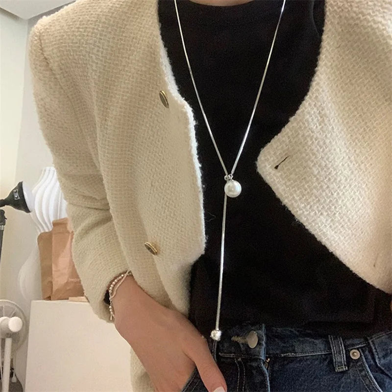 Silver Tassel Pearl Pendant Necklace