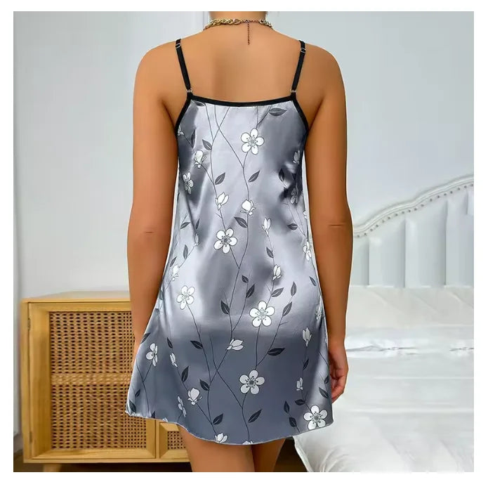 Women's Sleepwear Summer Floral Print Satin Nightgown